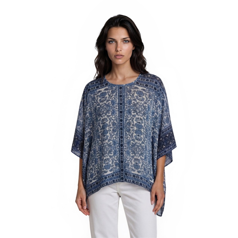 Karen Kane Kimono Wrap Women's One Size Blue White Floral Paisley Boho Shawl